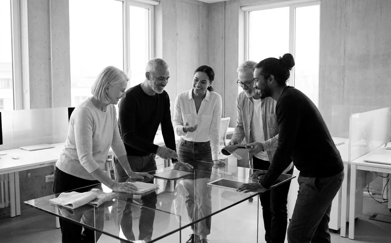 A technology team collaborating around a transparent table